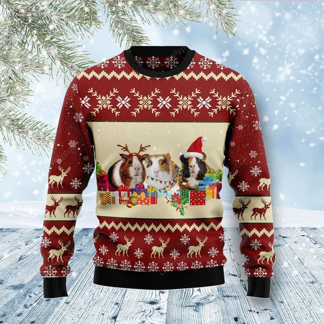 FUNSTUFFPRINT Guinea Pig Snow Ugly Christmas Sweater Ugly Sweater