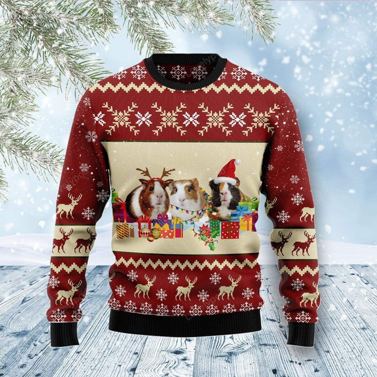 FUNSTUFFPRINT Guinea Pig Snow Ugly Christmas Sweater Ugly Sweater
