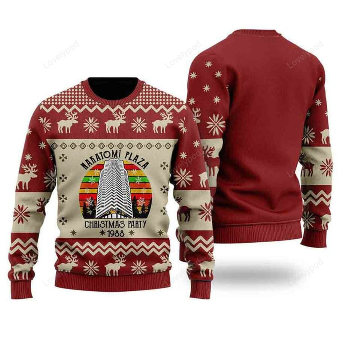 FUNSTUFFPRINT Nakatomi Plaza Ugly Christmas Sweater For Men & Women, Christmas gifts for him her Ugly Sweater
