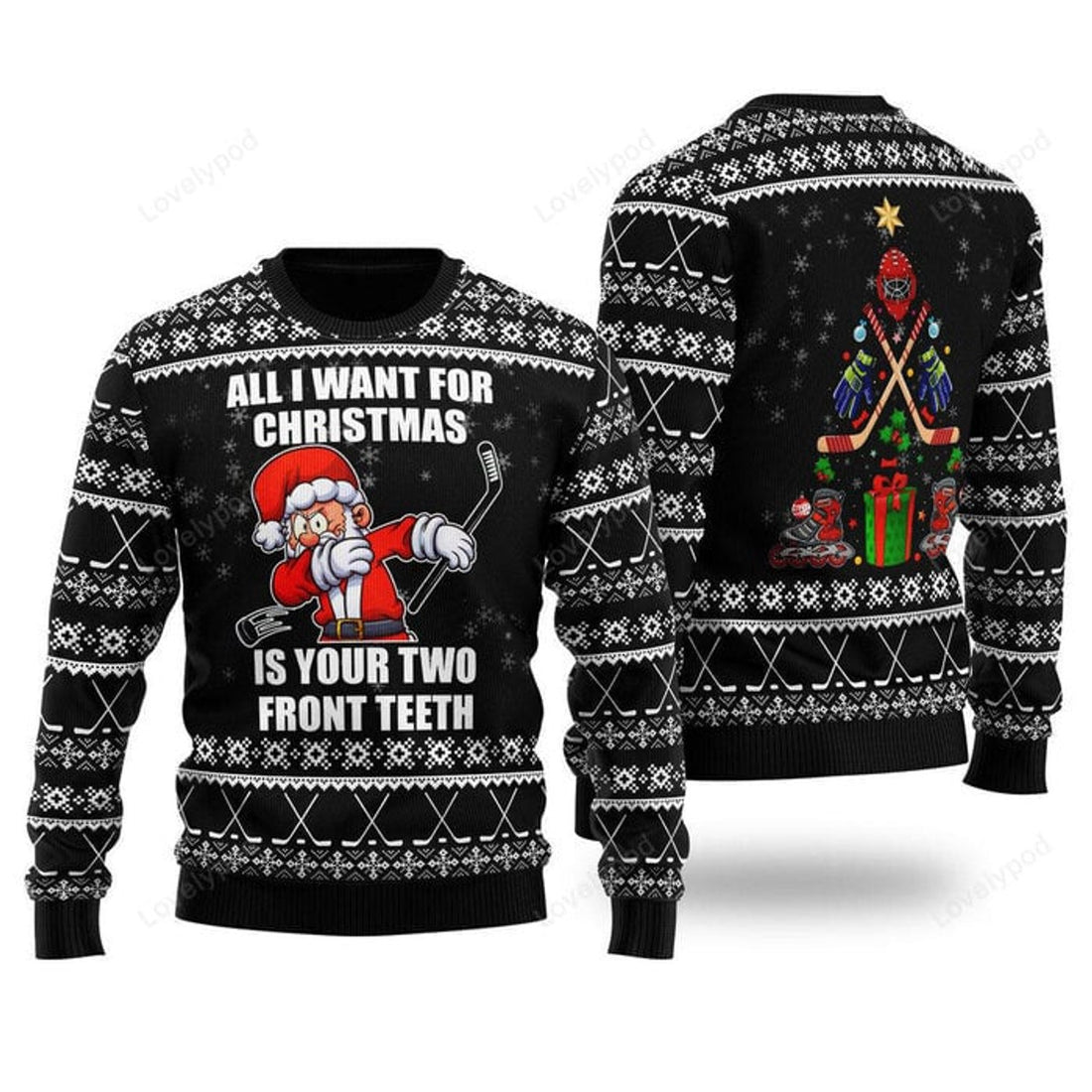 FUNSTUFFPRINT Santa Hockey All I Want For Christmas Is Your Two Front Teeth Ugly Christmas Sweater For Men & Women Ugly Sweater