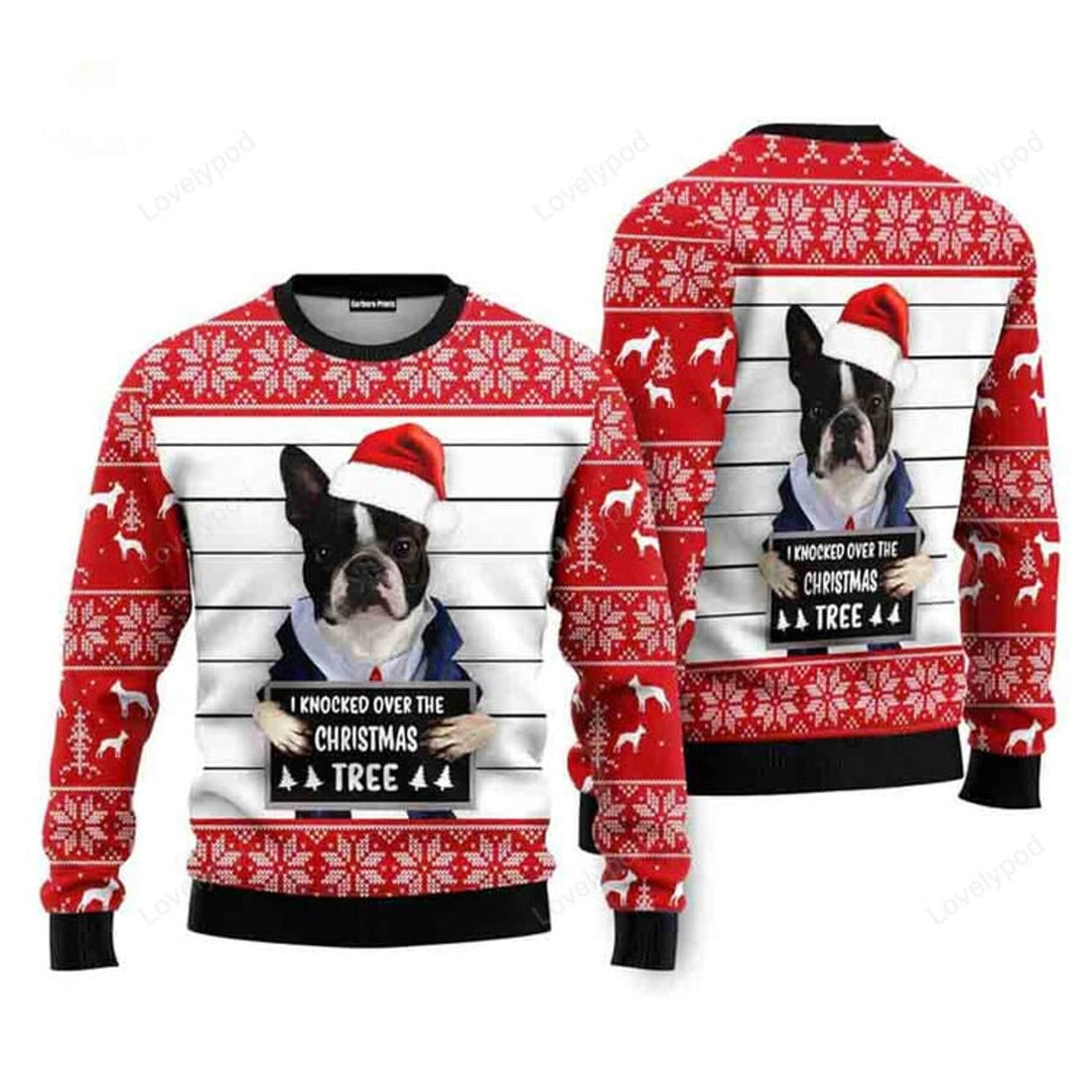FUNSTUFFPRINT Boston Terrier I Knocked Over The Christmas Tree Ugly Christmas Sweater For Men & Women Ugly Sweater