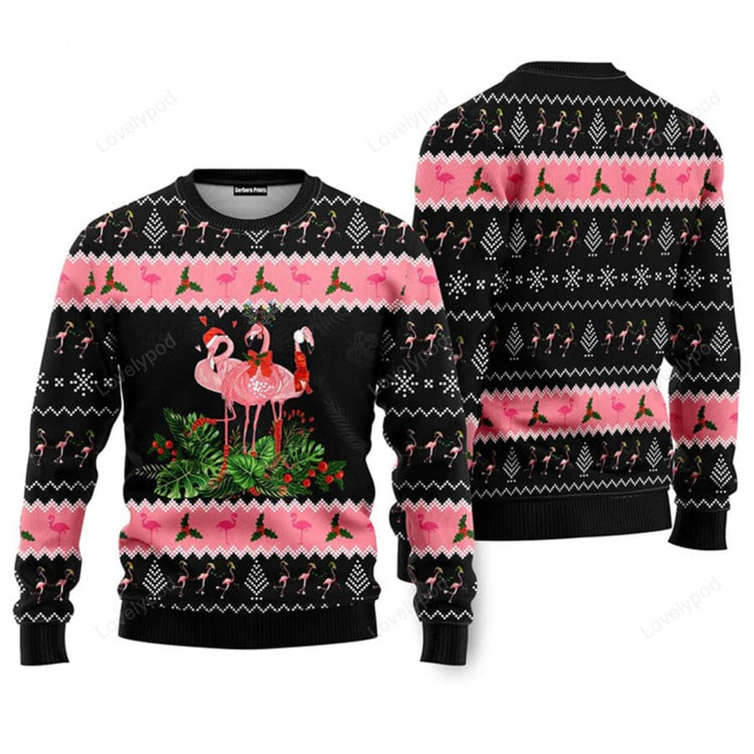 FUNSTUFFPRINT Flamingo Jingle Bell Tropical Ugly Christmas Sweater For Men & Women Ugly Sweater