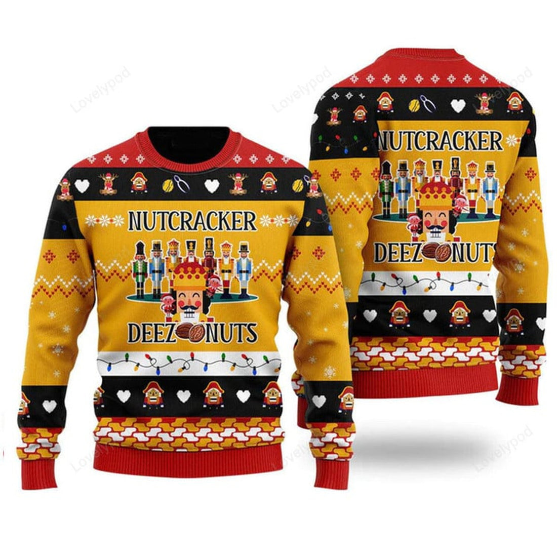 FUNSTUFFPRINT Deez Nuts Nutcracker Ugly Christmas Sweater For Men & Women Ugly Sweater