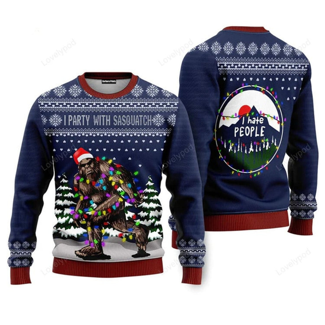 FUNSTUFFPRINT Christmas I Party With Sasquatch Camping Knitting Ugly Christmas Sweater For Men & Women Ugly Sweater