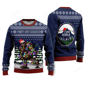 FUNSTUFFPRINT Christmas I Party With Sasquatch Camping Knitting Ugly Christmas Sweater For Men & Women Ugly Sweater