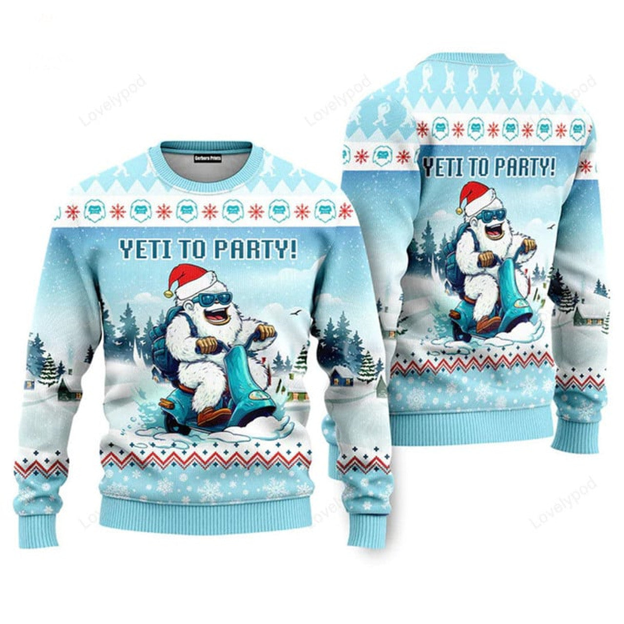 FUNSTUFFPRINT Yeti To Party Funny Bigfoot With Snow Christmas Sweaters For Men & Women Ugly Sweater