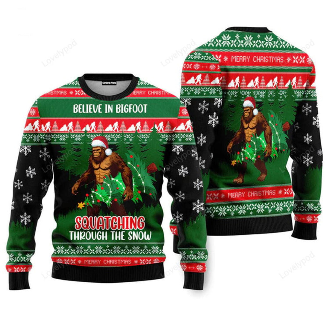 FUNSTUFFPRINT Believe In Bigfoot Squatching Through The Snow Christmas Sweaters For Men & Women Ugly Sweater