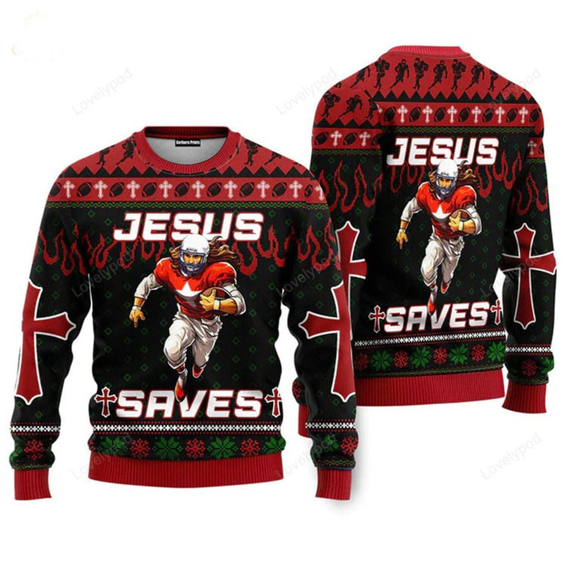 FUNSTUFFPRINT Cool Jesus American Football Team Red Christmas Sweaters For Men & Women Ugly Sweater