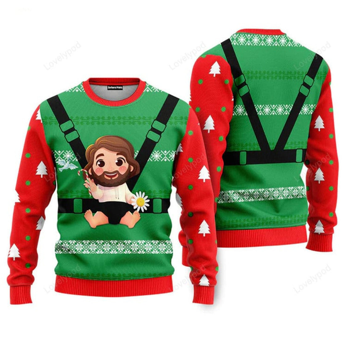 FUNSTUFFPRINT Jesus Baby Funny Red Green Christmas Sweaters For Men & Women Ugly Sweater