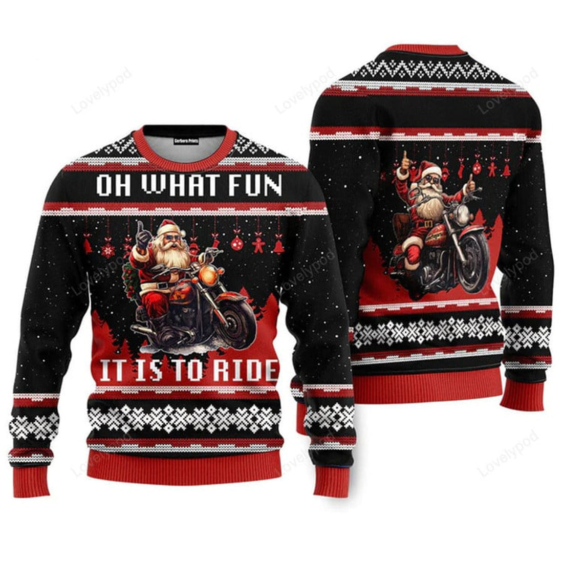 FUNSTUFFPRINT Oh What Fun It Is To Ride Santa Drive Motorbike Christmas Sweaters For Men & Women Ugly Sweater