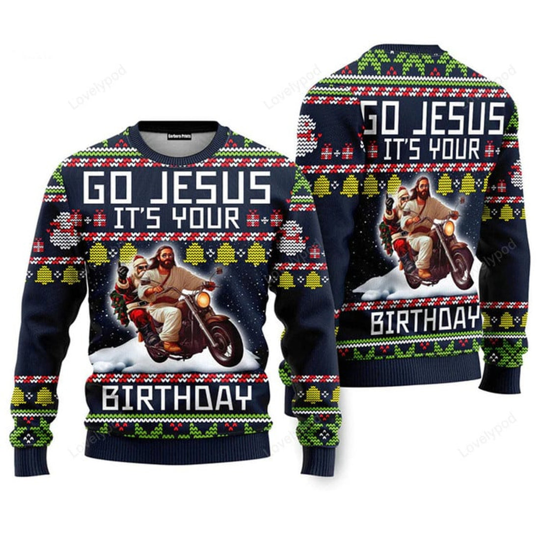 FUNSTUFFPRINT Go Jesus It's Your Birthday Santa Jesus Riding Motorbike Christmas Sweaters For Men & Women Ugly Sweater