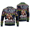 FUNSTUFFPRINT Go Jesus It's Your Birthday Santa Jesus Riding Motorbike Christmas Sweaters For Men & Women Ugly Sweater