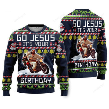 FUNSTUFFPRINT Go Jesus It's Your Birthday Santa Jesus Riding Motorbike Christmas Sweaters For Men & Women Ugly Sweater