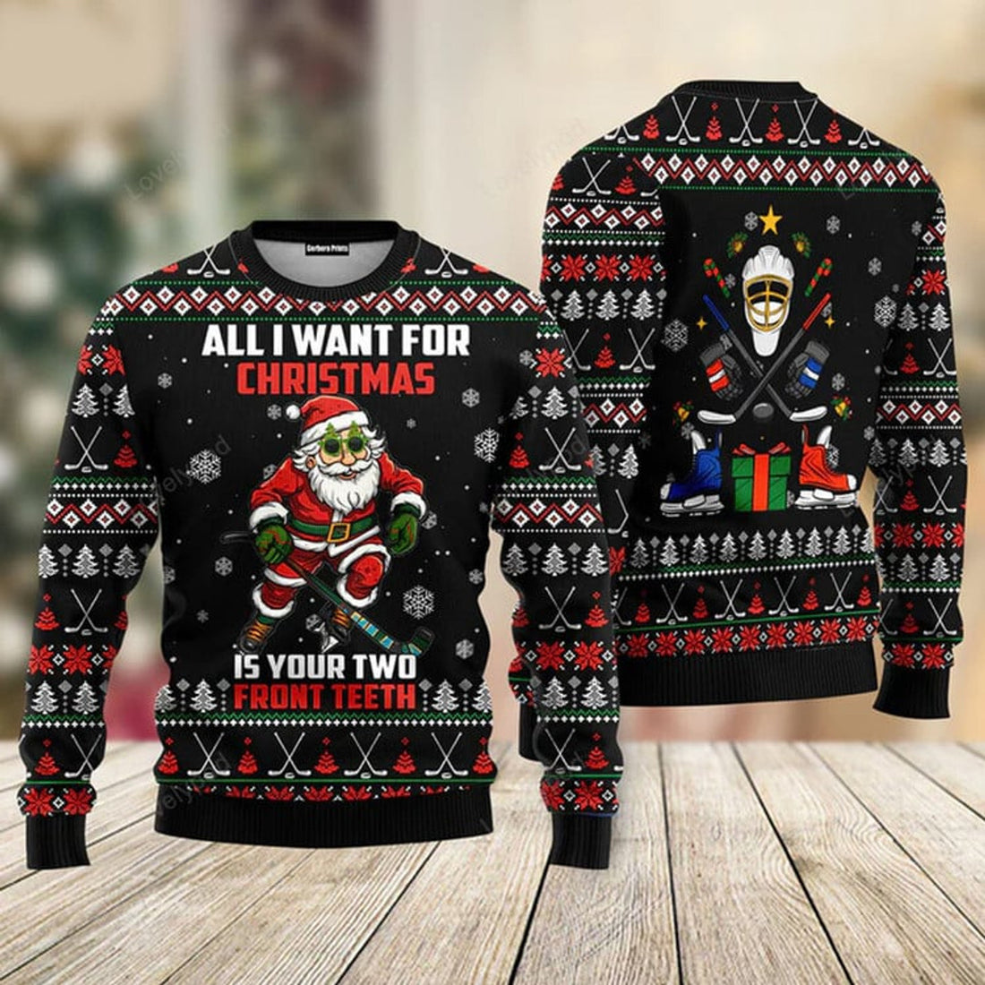 FUNSTUFFPRINT All I Want For Christmas Two Front Teeth Santa Hockey Christmas Sweaters For Men & Women Ugly Sweater