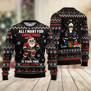 FUNSTUFFPRINT All I Want For Christmas Two Front Teeth Santa Hockey Christmas Sweaters For Men & Women Ugly Sweater