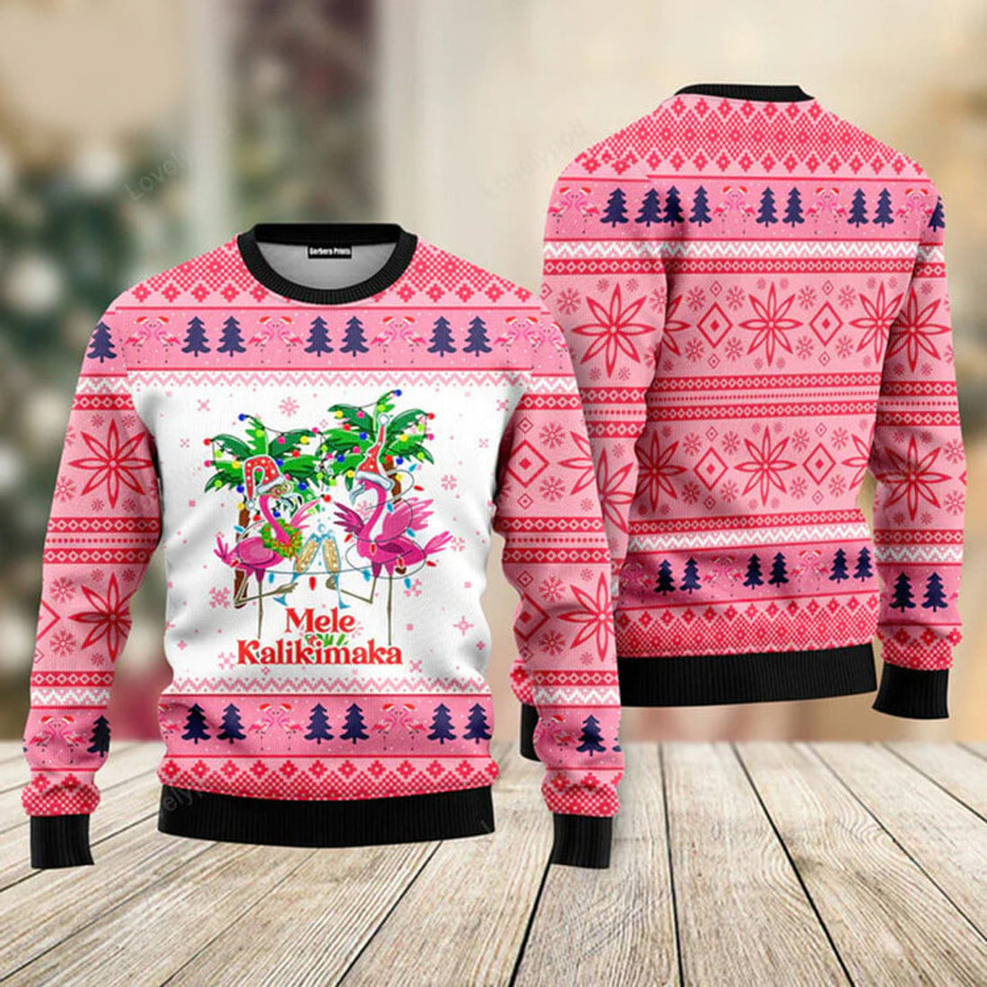 FUNSTUFFPRINT Mele Kalikimaka Flamingo Ugly Christmas Sweater For Men & Women Ugly Sweater