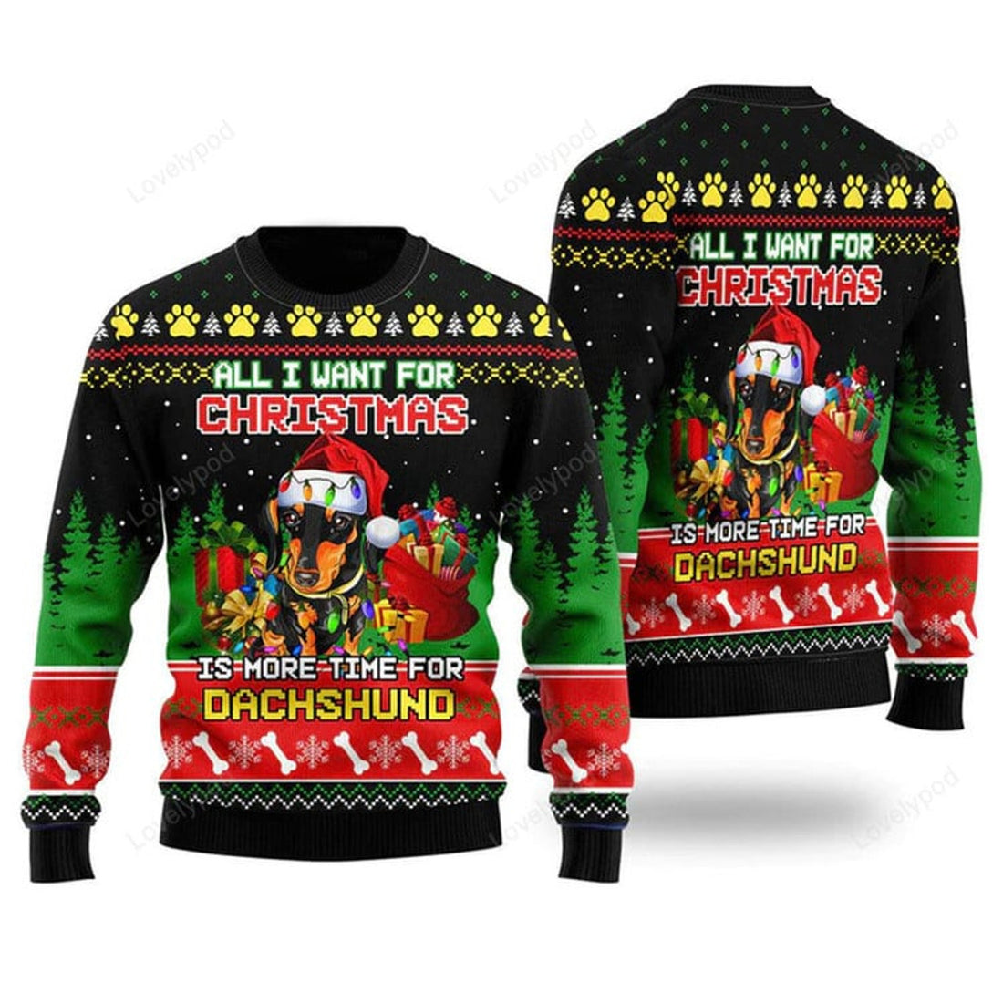 FUNSTUFFPRINT All I Want For Christmas Is More Time For Dachshund Ugly Christmas Sweater For Men & Women Ugly Sweater