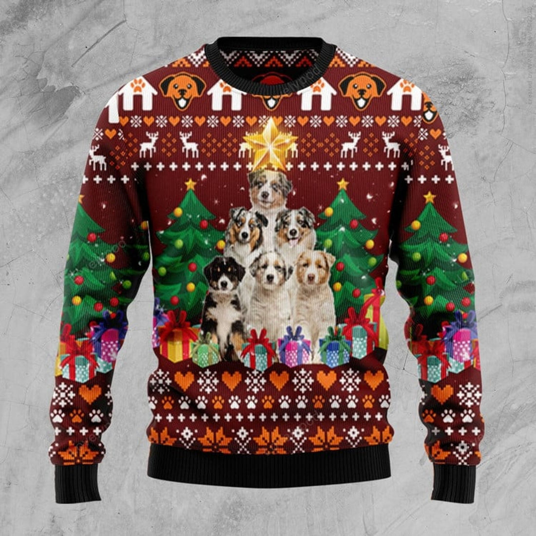 FUNSTUFFPRINT Australian Shepherd Pine Tree Ugly Christmas Sweater For Men & Women Ugly Sweater