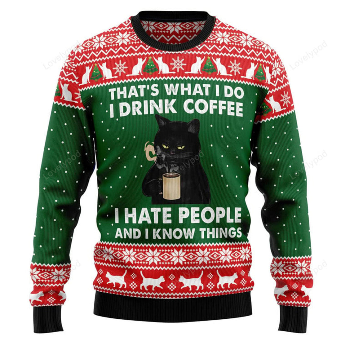 FUNSTUFFPRINT Skull Black Cat Drink Coffee Ugly Christmas Sweater, Xmas Lover Ugly Sweatshirt, Gift For Christmas Lover, Christmas Sweater Ugly Sweater