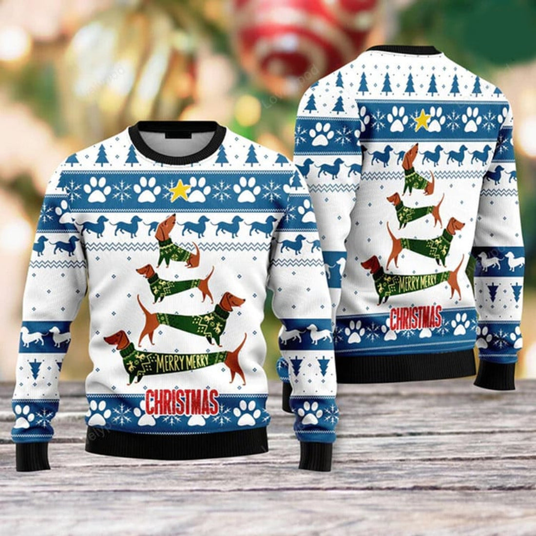 FUNSTUFFPRINT Cute Dachshund Ugly Christmas Sweater For Men & Women Ugly Sweater