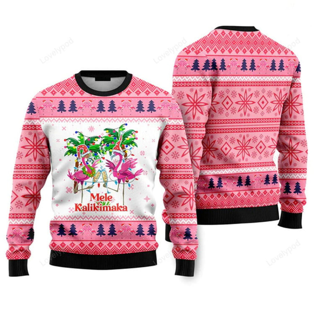 FUNSTUFFPRINT Mele Kalikimaka Flamingo Christmas Ugly Christmas Sweater For Men & Women Ugly Sweater