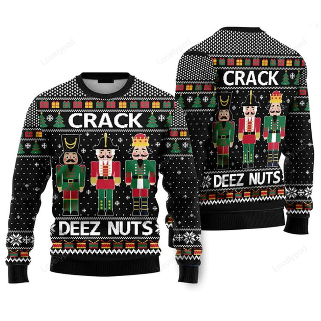 FUNSTUFFPRINT Crack Deez Nuts Nutcracker Ugly Christmas Sweater For Men & Women Ugly Sweater