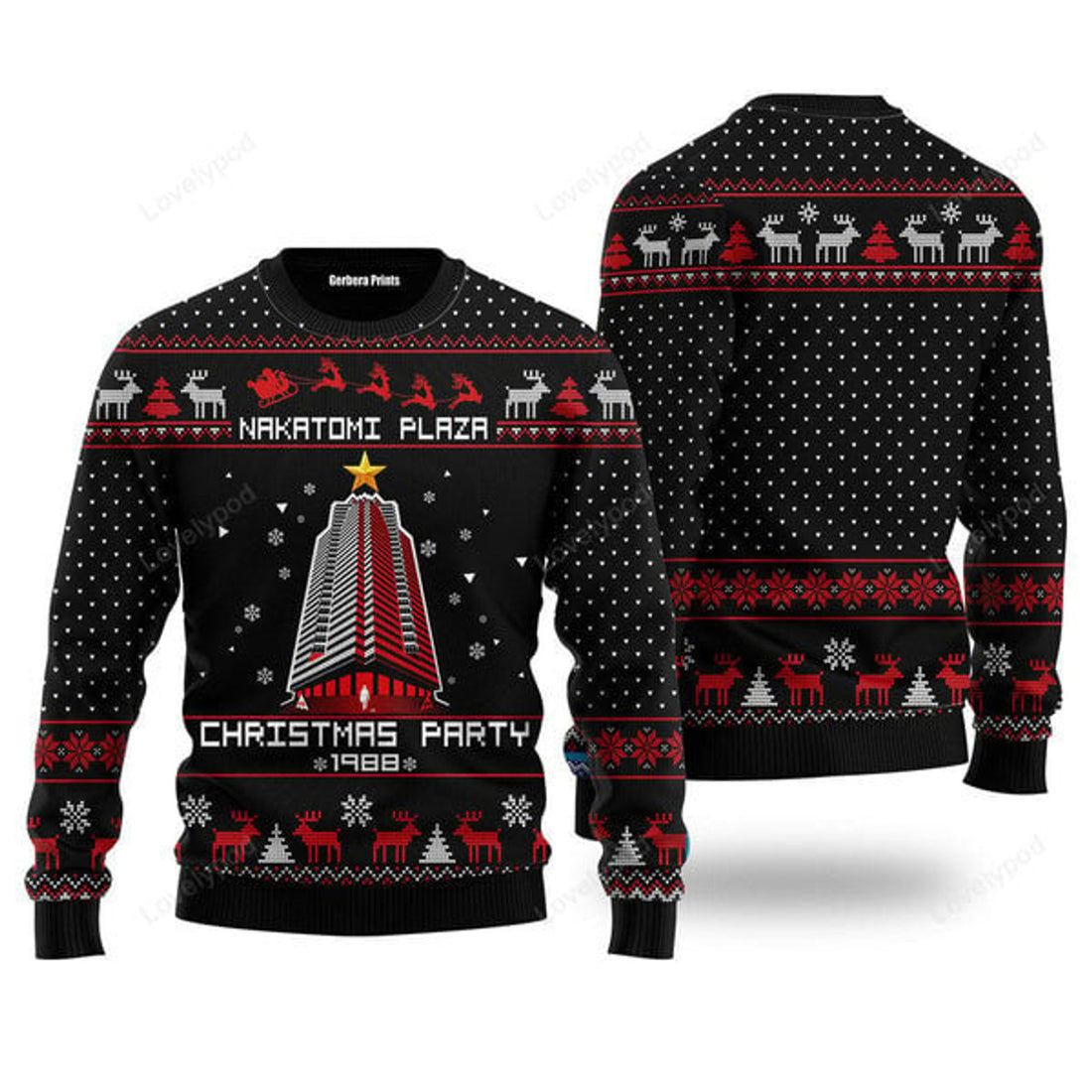 FUNSTUFFPRINT Nakatomi Plaza Black Ugly Christmas Sweater, Party 1988 Xmas Sweatshirt, Christmas Gift for Men Ugly Sweater