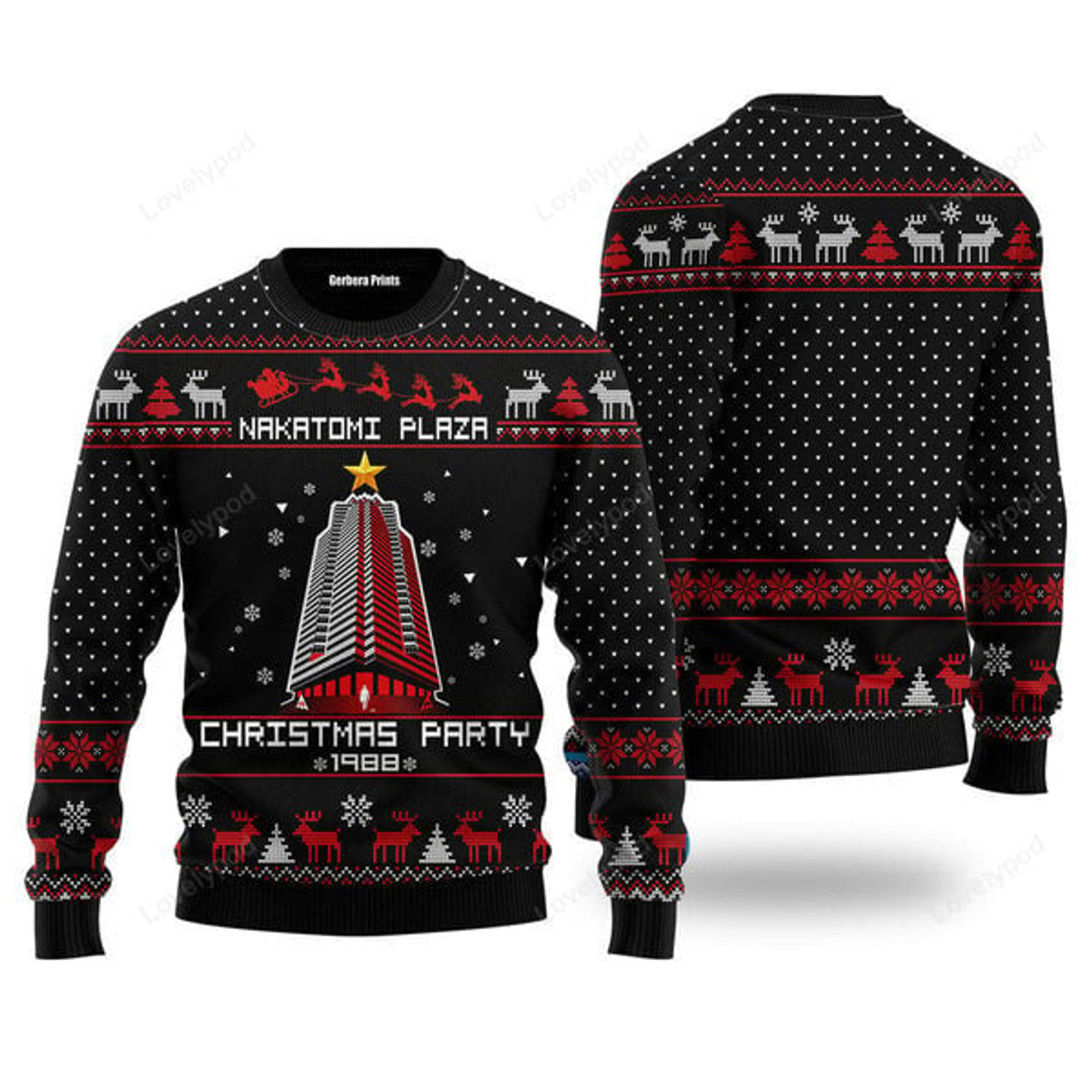 FUNSTUFFPRINT Nakatomi Plaza Black Ugly Christmas Sweater, Party 1988 Xmas Sweatshirt, Christmas Gift for Men Ugly Sweater