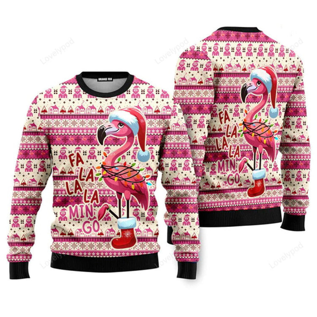 FUNSTUFFPRINT Fa La La Min Go Christmas Pink Flamingo Ugly Christmas Sweater For Men & Women Ugly Sweater