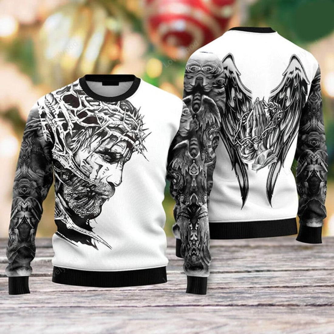 FUNSTUFFPRINT Jesus Tattoo Ugly Christmas Sweater For Men & Women Ugly Sweater