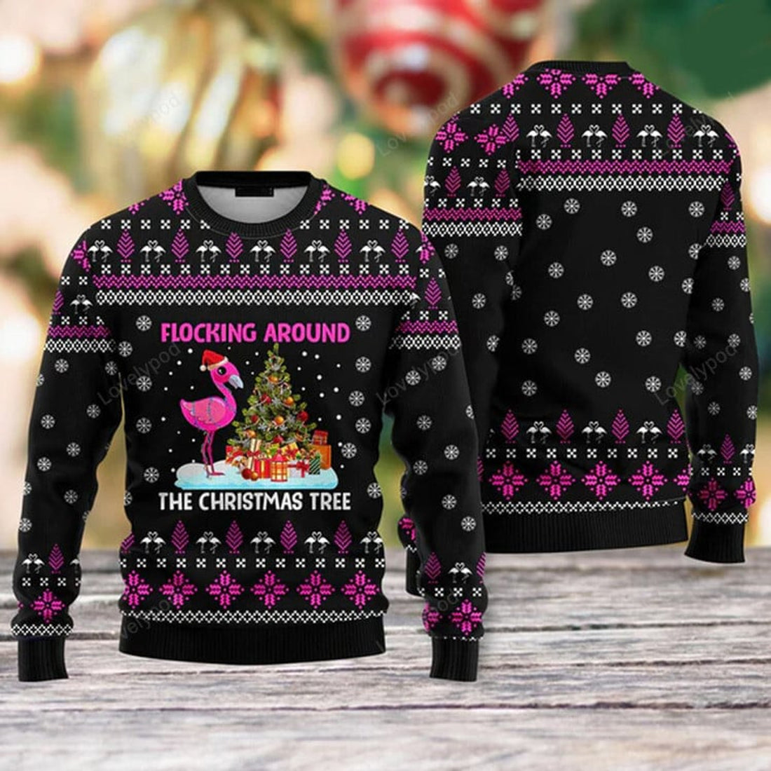 FUNSTUFFPRINT Flamingo Flocking Around The Christmas Tree Ugly Christmas Sweater For Men & Women Ugly Sweater