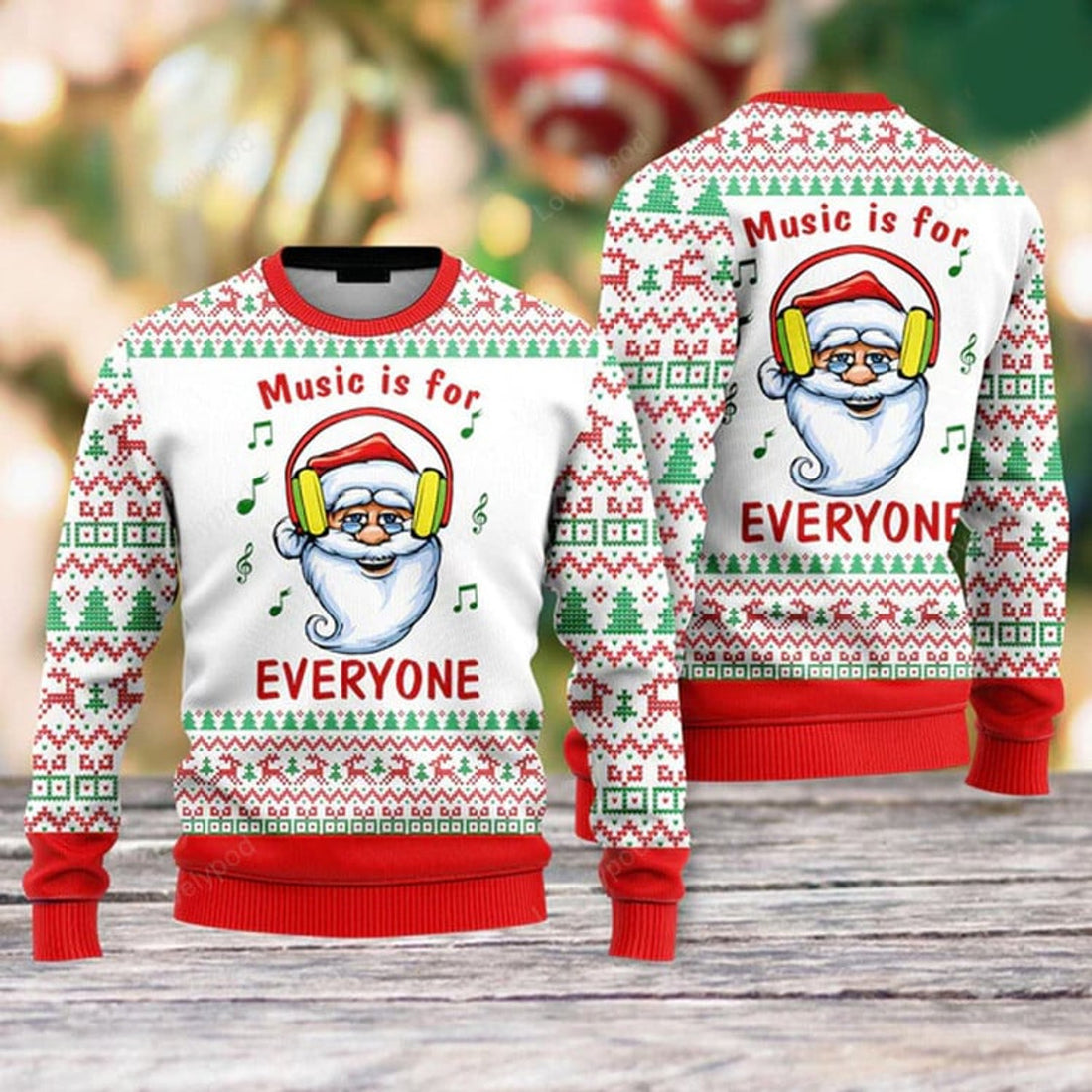 FUNSTUFFPRINT Funny Santa Music Is For Everyone Ugly Christmas Sweater For Men & Women Ugly Sweater