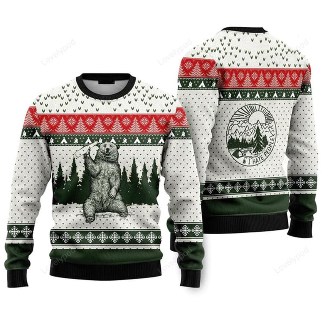 FUNSTUFFPRINT Bear I Hate People Christmas Sweater For Men & Women Ugly Sweater