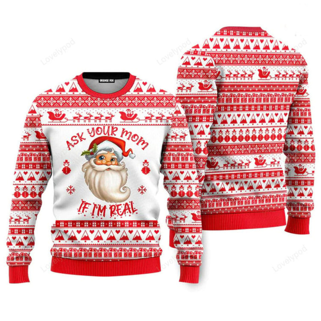 FUNSTUFFPRINT Ask Your Mom If Im Real Santa Claus Ugly Christmas Sweater For Men & Women Ugly Sweater