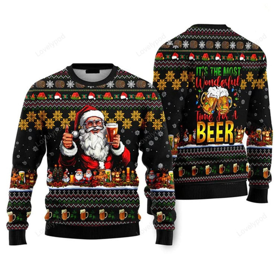 FUNSTUFFPRINT Most Wonderful Time A Beer With Christmas Santa Ugly Christmas Sweater For Men & Women Ugly Sweater