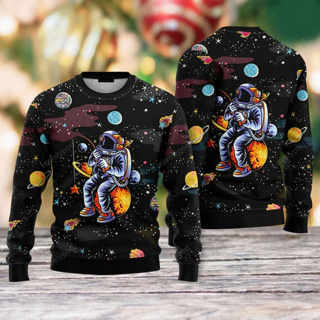 FUNSTUFFPRINT Astronaut Fishing In Space Ugly Christmas Sweater For Men & Women Ugly Sweater