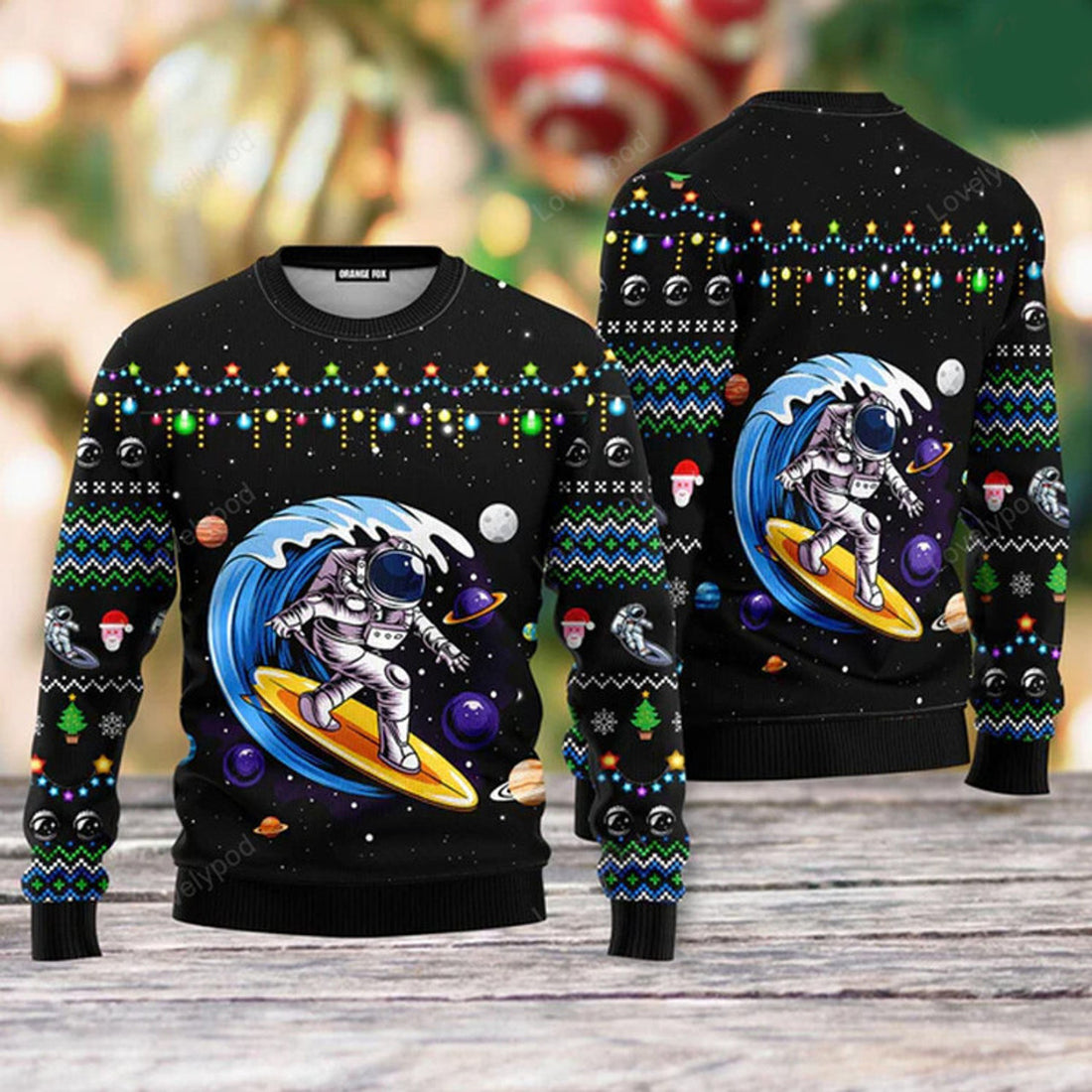 FUNSTUFFPRINT Astronauts Surf On A Surfboard In Space Ugly Christmas Sweater For Men & Women Ugly Sweater