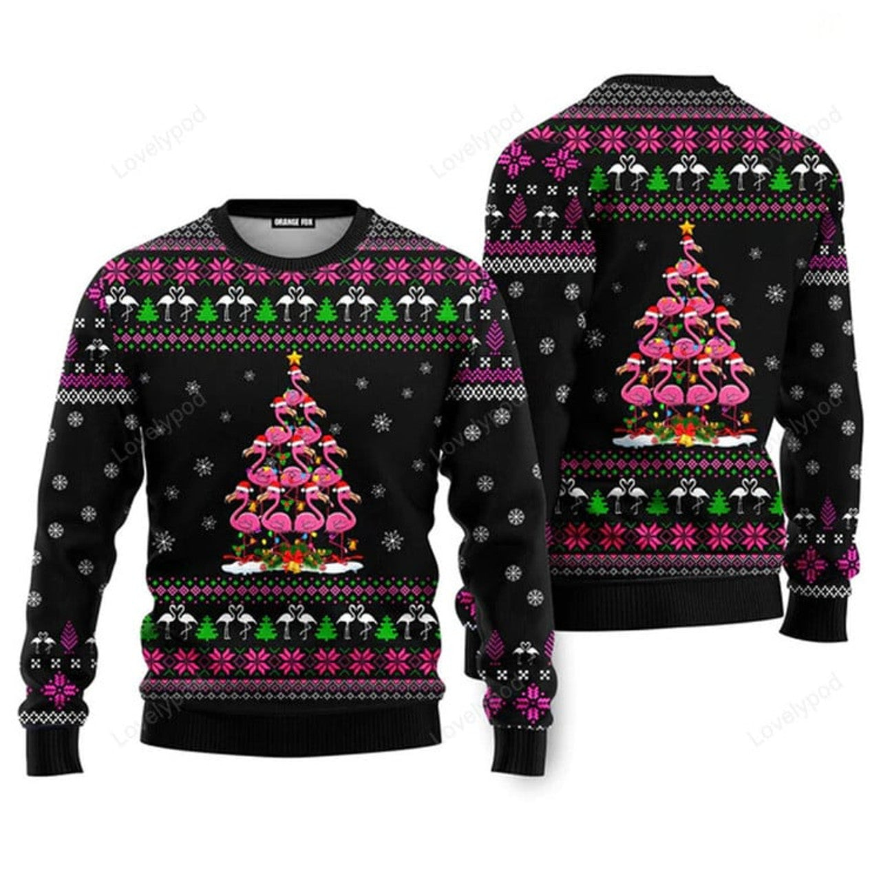 FUNSTUFFPRINT Funny Flamingo Tree Christmas Sweater For Men & Women Ugly Sweater