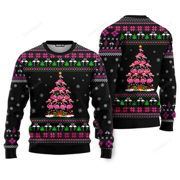 FUNSTUFFPRINT Funny Flamingo Tree Christmas Sweater For Men & Women Ugly Sweater