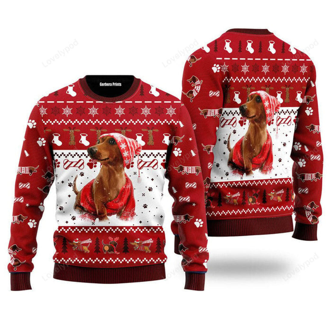 FUNSTUFFPRINT Holiday Dachshund Ugly Christmas Sweater For Men & Women, Dachshund Dog lover Ugly Sweater