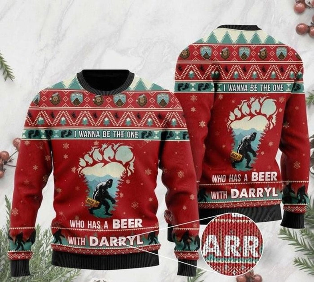 FUNSTUFFPRINT Bigfoot I Wanna Be The One Who Has A Beer With Darryl Ugly Christmas Sweater For Men & Women Ugly Sweater