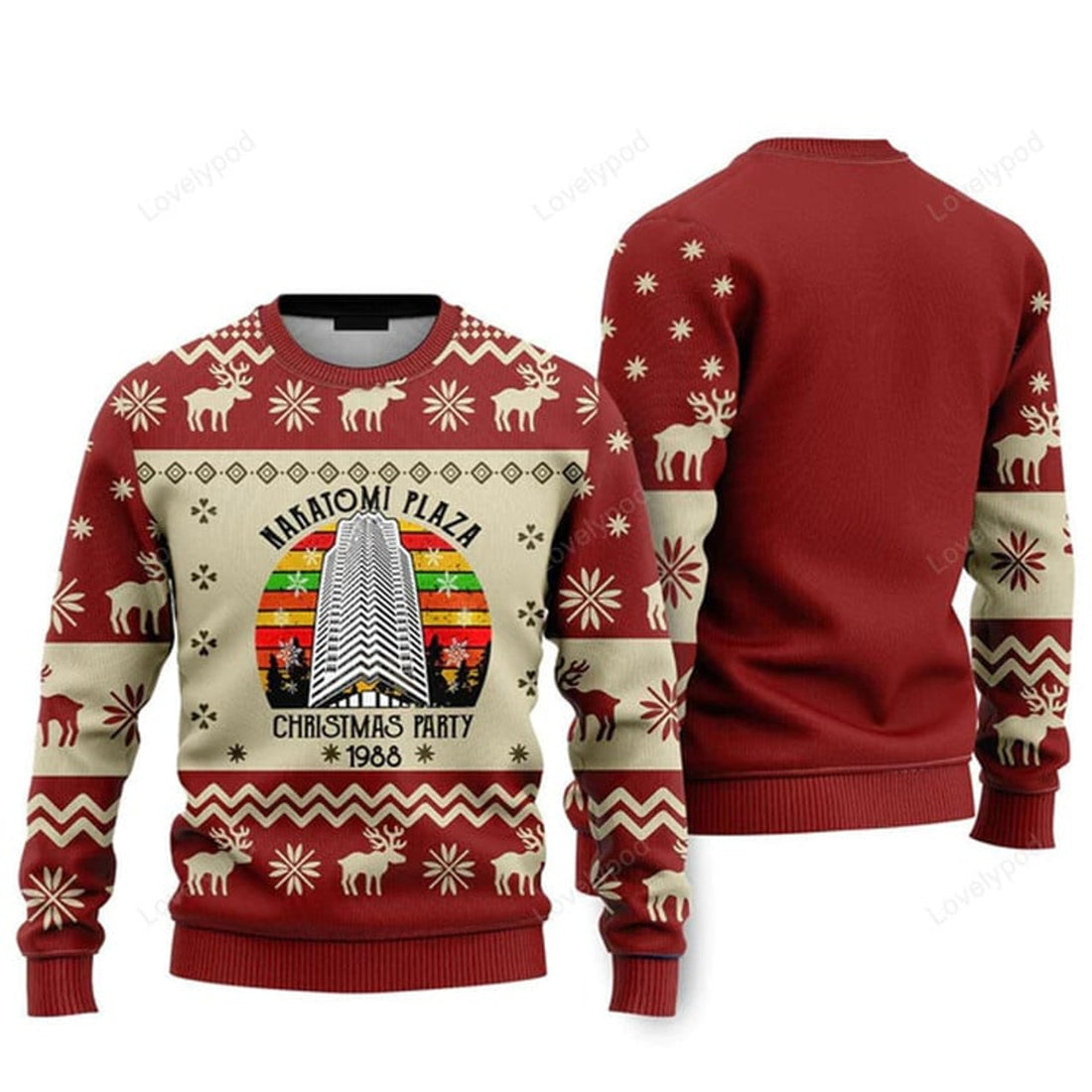 FUNSTUFFPRINT Nakatomi Plaza Red Ugly Christmas Sweater, Party 1988 Xmas Sweatshirt, Christmas Gift for Men & Women Ugly Sweater