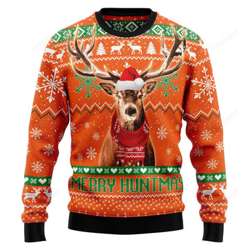 FUNSTUFFPRINT Deer Merry Huntmas Ugly Christmas Sweater for men and women Ugly Sweater