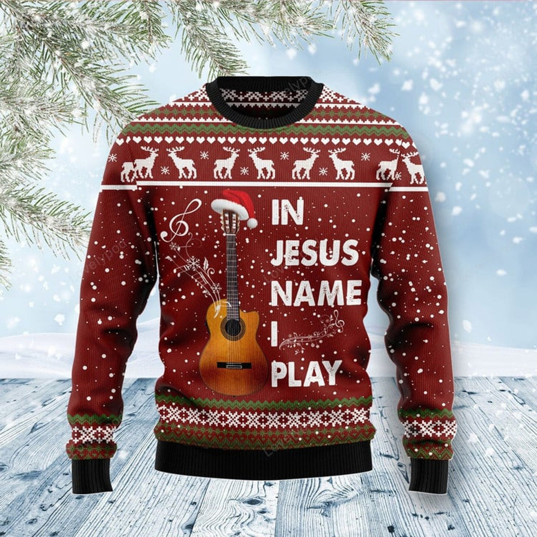 FUNSTUFFPRINT In Jesus Name I Play Guitar Ugly Christmas Sweater for men and women Ugly Sweater