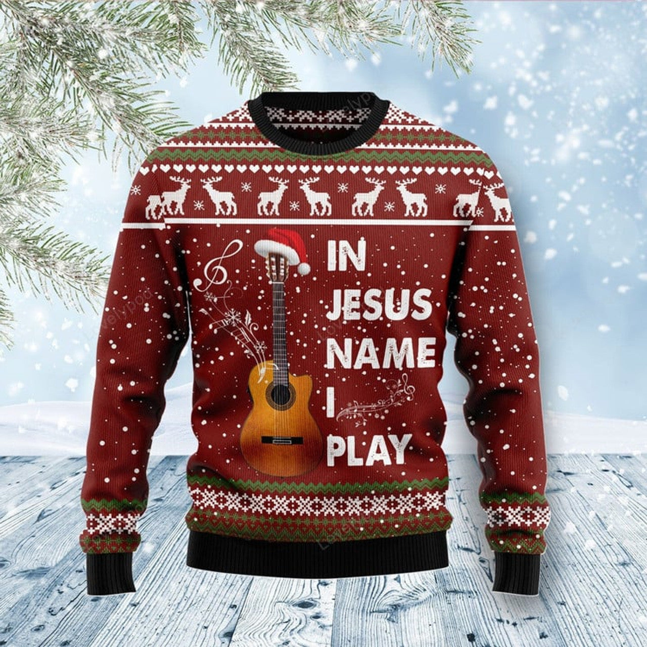 FUNSTUFFPRINT In Jesus Name I Play Guitar Ugly Christmas Sweater for men and women Ugly Sweater