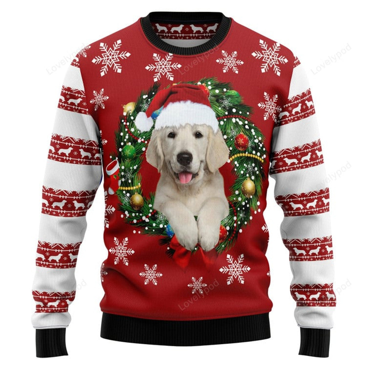 FUNSTUFFPRINT Golden Retriever Wearing Santaâ€˜s Hat Christmas Sweater Ugly Sweater