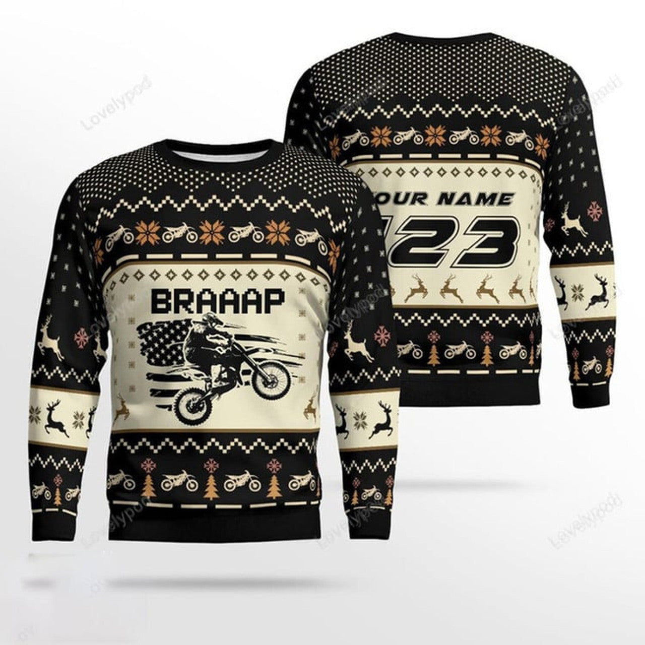 FUNSTUFFPRINT Custom Braaap Christmas Motocross rider black Ugly Christmas sweater for men, Motocross biker sweatshirt, gift for motocross lover Ugly Sweater