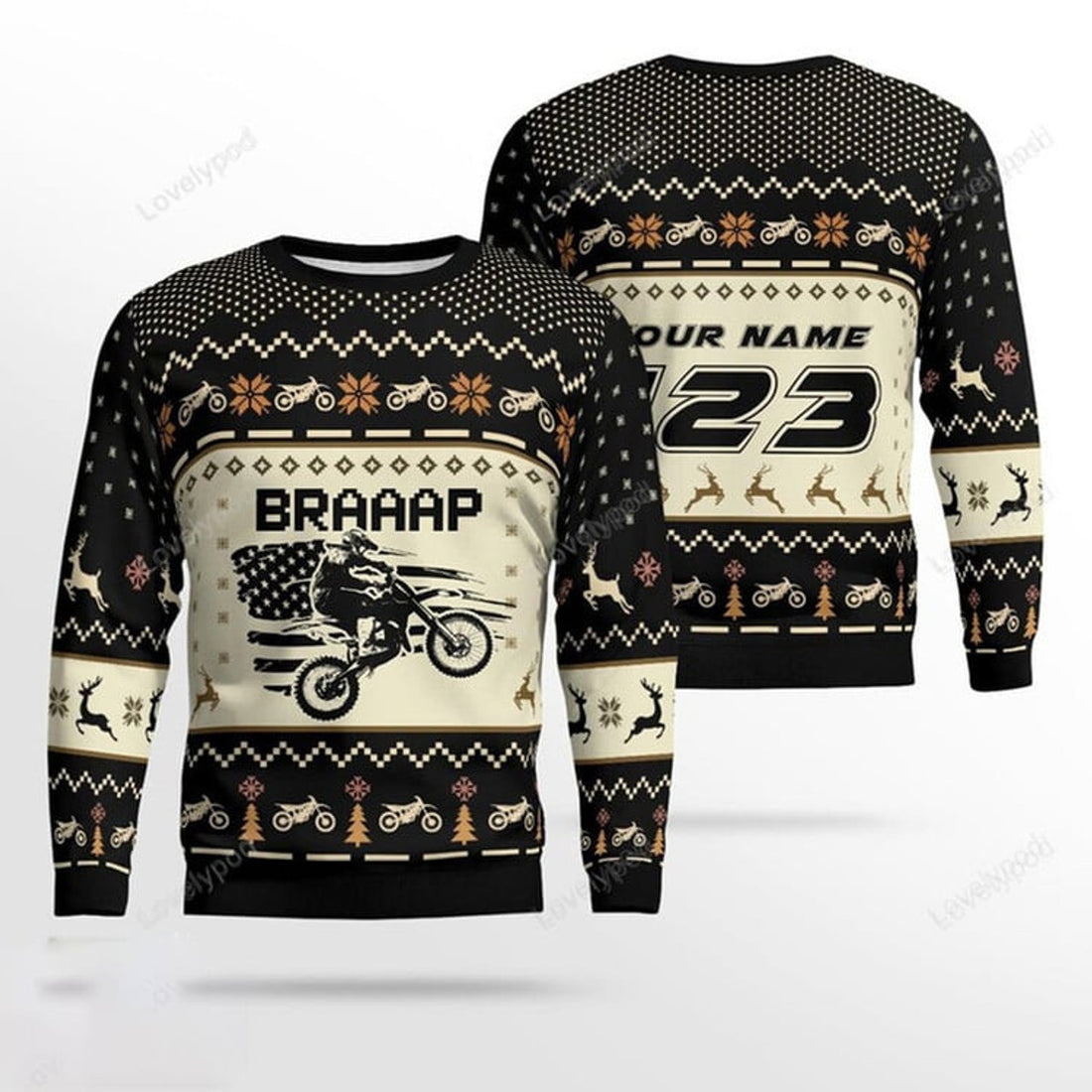 FUNSTUFFPRINT Custom Braaap Christmas Motocross rider black Ugly Christmas sweater for men, Motocross biker sweatshirt, gift for motocross lover Ugly Sweater