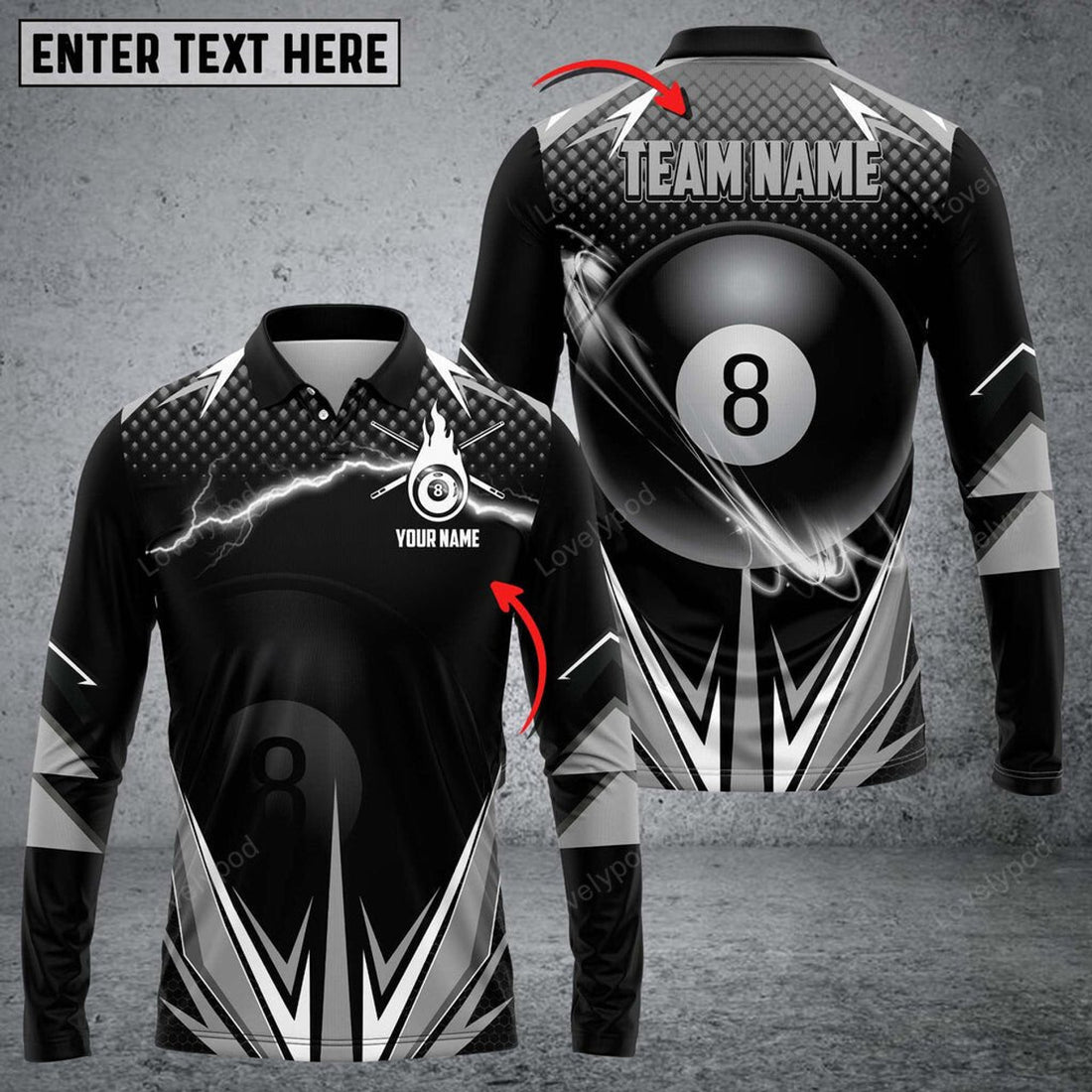 FUNSTUFFPRINT Personalized Billiard Ball Team Name Player Long Sleeve Polo Shirt, Billiards Shirts, Billiards Apparel