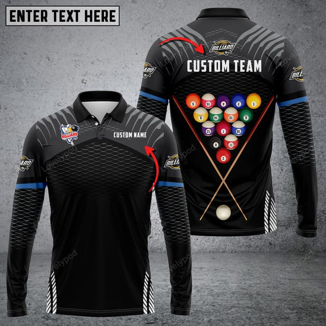 FUNSTUFFPRINT Billiards Sport Personalized Name Long Sleeve Polo Shirt, Billiards Shirts, Billiards Apparel